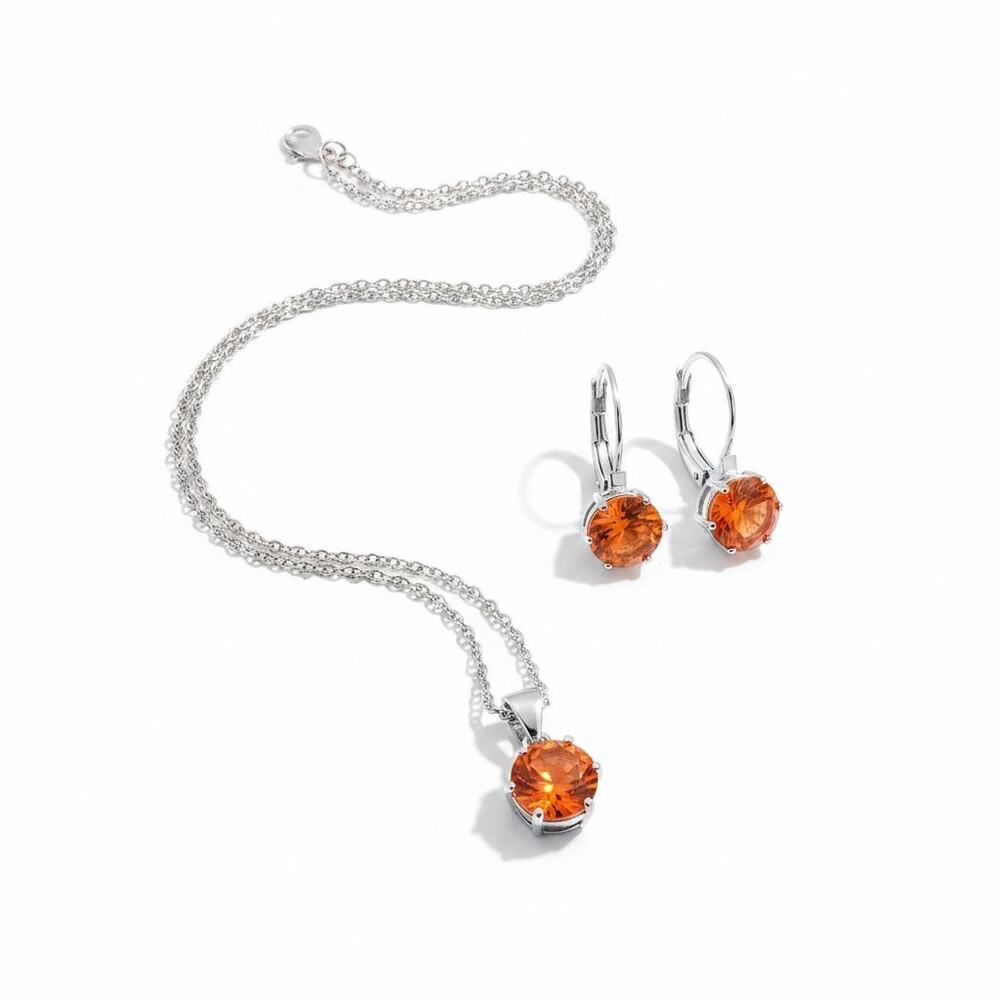 NWOT Orange Crystal Necklace & Earrings Silver Tone Jewelry Set - Picture 4 of 7